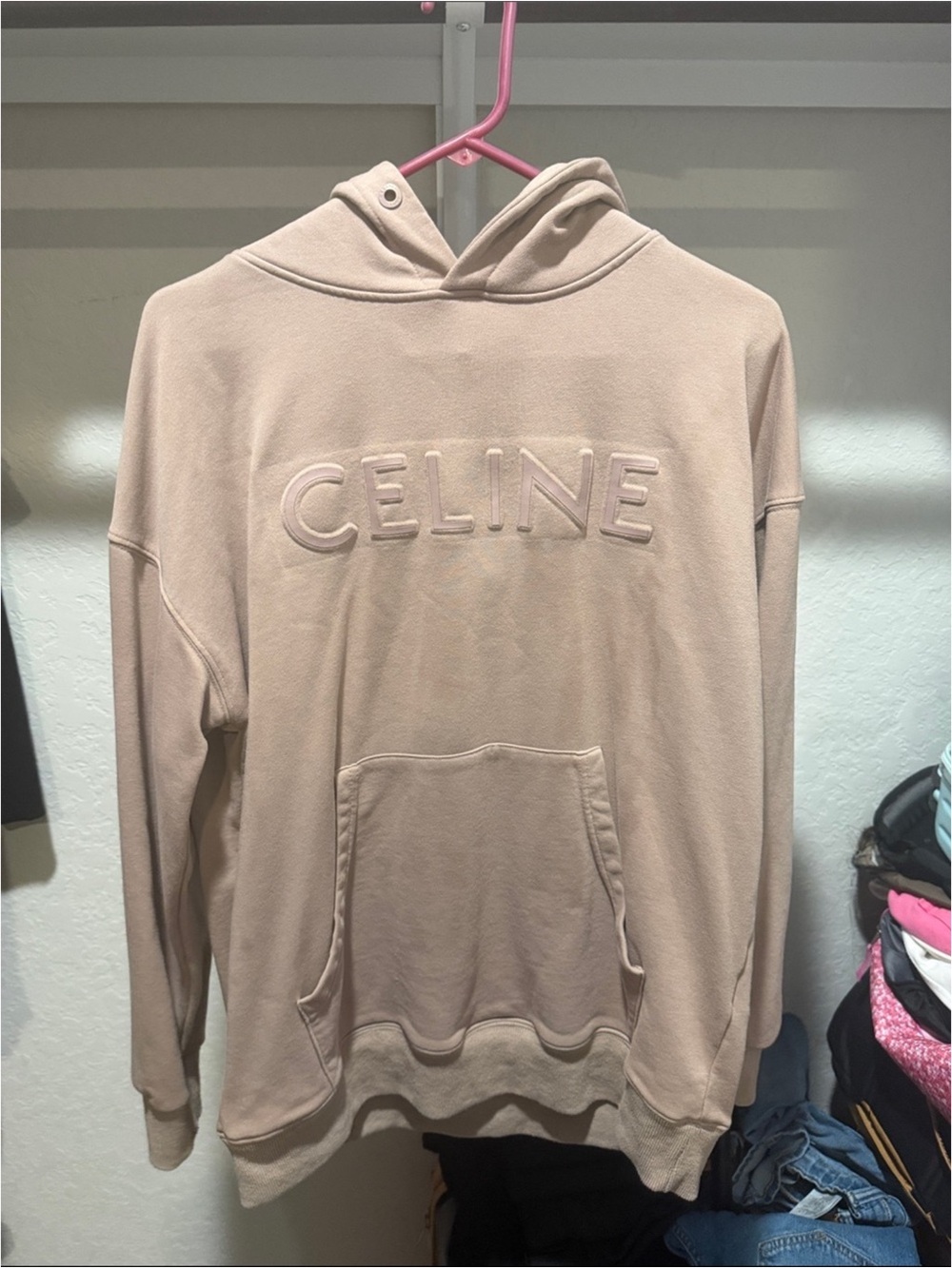 Celine Men’s Embossed Logo Hoodie in Light Beige